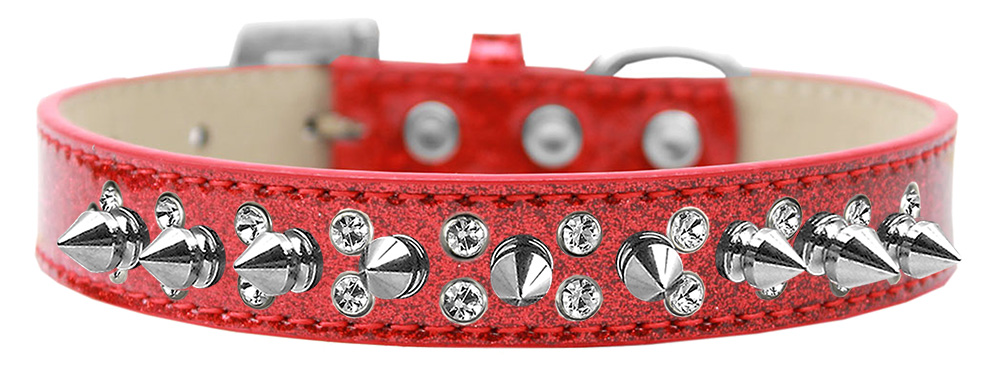 Double Crystal and Silver Spikes Dog Collar Red Ice Cream Size 12